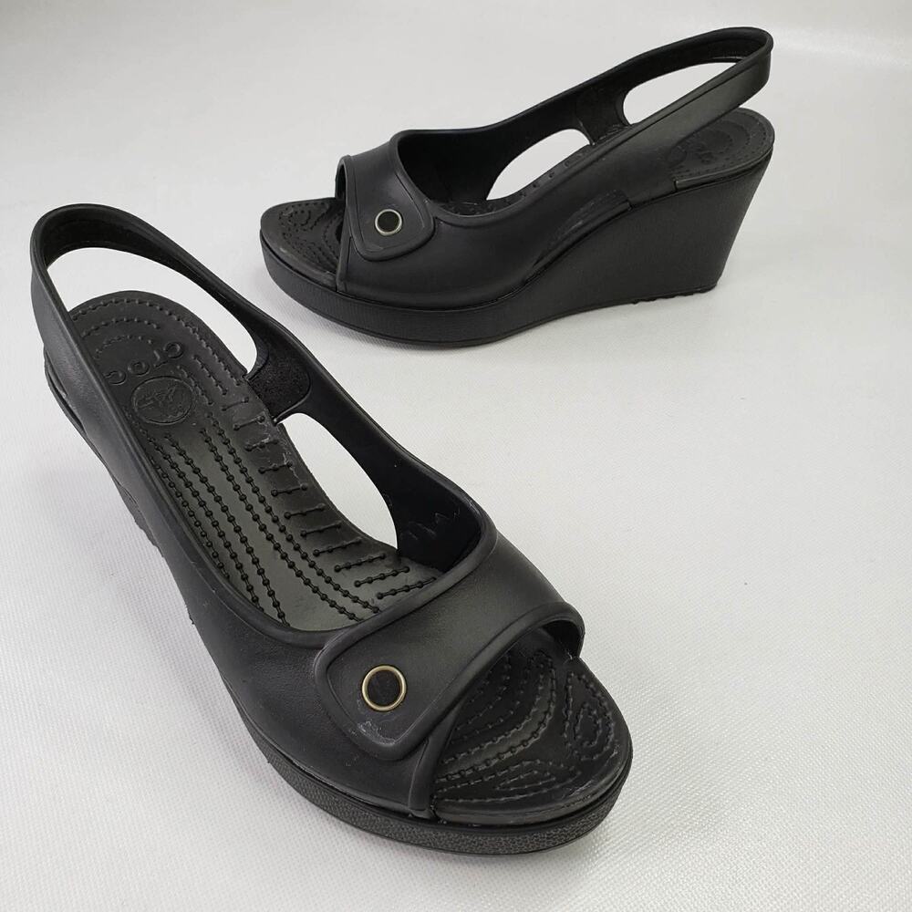 Crocs Havana Slingback Wedge Heels Peep Toe Sandals Black Women's Size 8